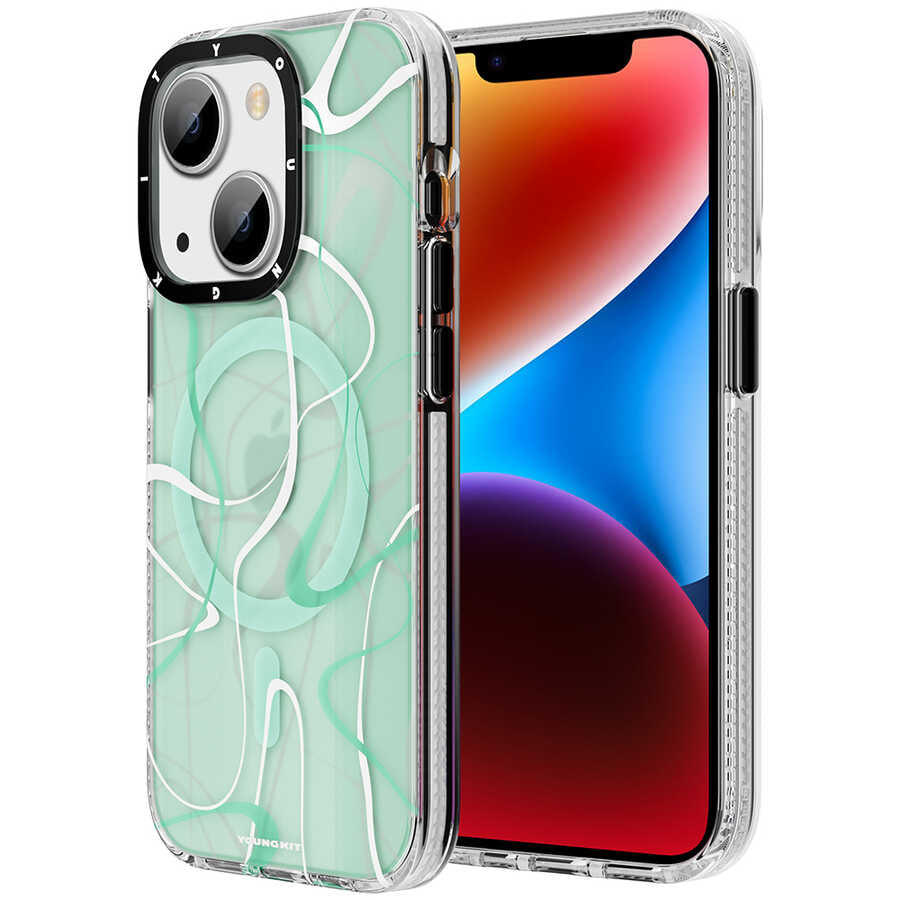 Apple iPhone 14 Kılıf Magsafe Şarj Özellikli Youngkit Water-Ink Serisi Kapak Yeşil