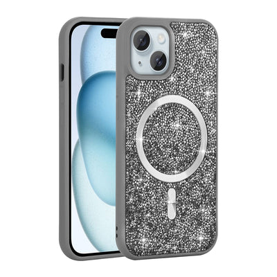 Apple iPhone 14 Kılıf Pırlanta Tasarımlı M-safe Şarj Özellikli Zore Mozaik Silikon Kapak Desert Titanyum