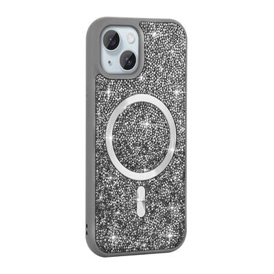 Apple iPhone 14 Kılıf Pırlanta Tasarımlı M-safe Şarj Özellikli Zore Mozaik Silikon Kapak Desert Titanyum