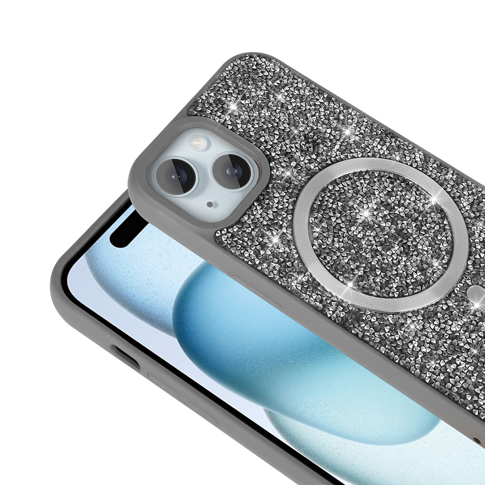 Apple iPhone 14 Kılıf Pırlanta Tasarımlı M-safe Şarj Özellikli Zore Mozaik Silikon Kapak Desert Titanyum