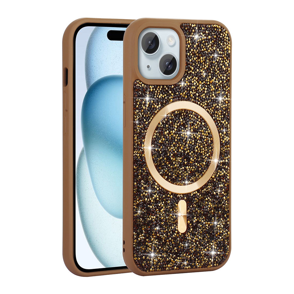 Apple iPhone 14 Kılıf Pırlanta Tasarımlı M-safe Şarj Özellikli Zore Mozaik Silikon Kapak Titanyum-Gri