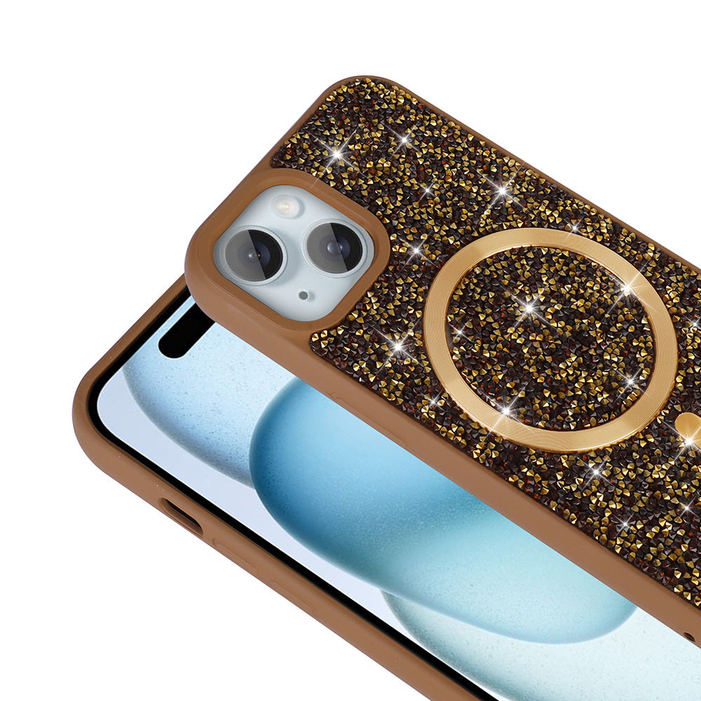 Apple iPhone 14 Kılıf Pırlanta Tasarımlı M-safe Şarj Özellikli Zore Mozaik Silikon Kapak Desert Titanyum