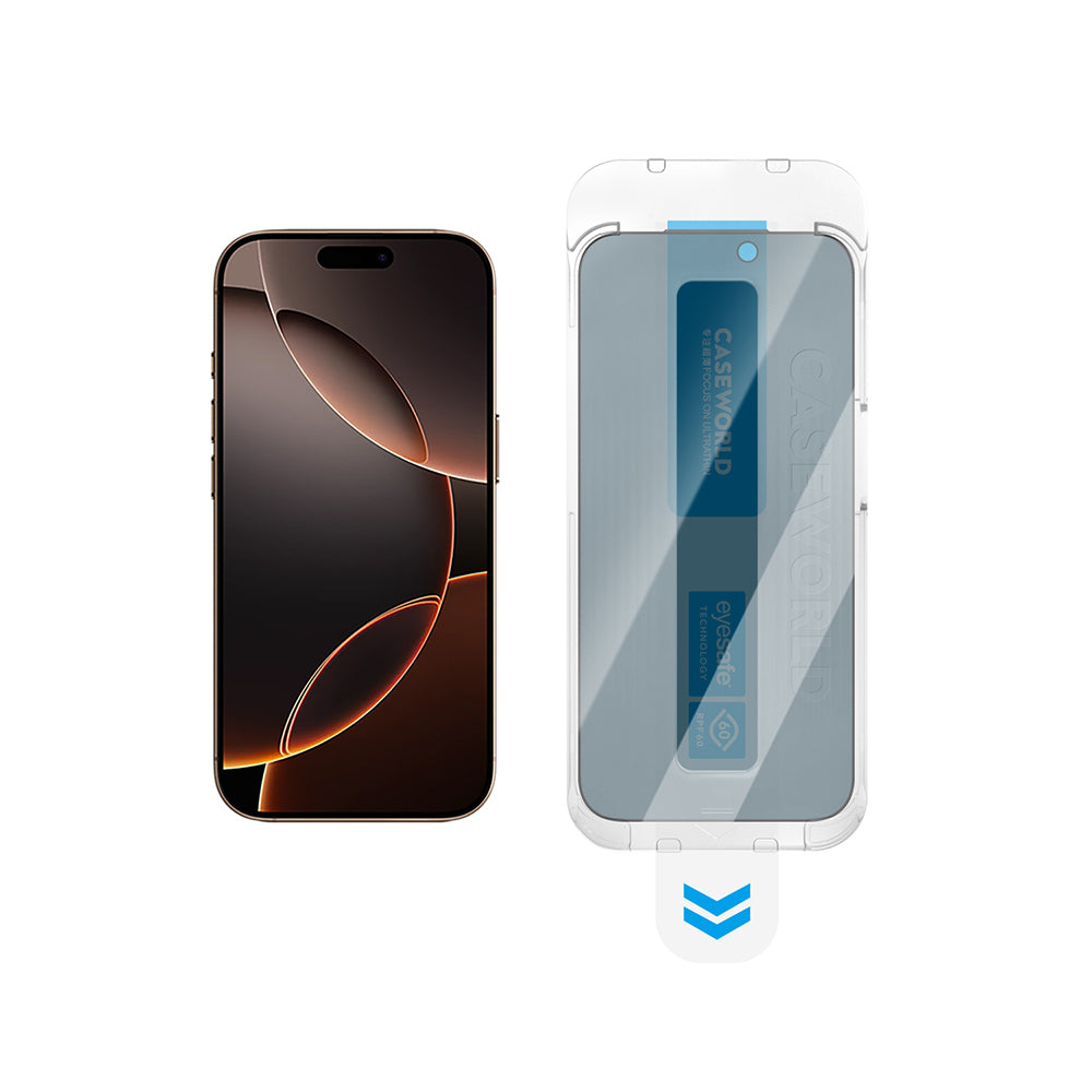 iPhone 14 Plus CaseWorld Applicator Serisi 2.5D Eyesafe Mavi Işık Teknolojili 0.33mm Privacy Temperli Cam Ekran Koruyucu + Uygulama Aparatı