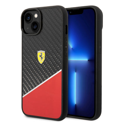 iPhone 14 Plus Kılıf Ferrari Orjinal Lisanlı Klasik Metal Logolu Karbon Şerit Desenli Kılıf