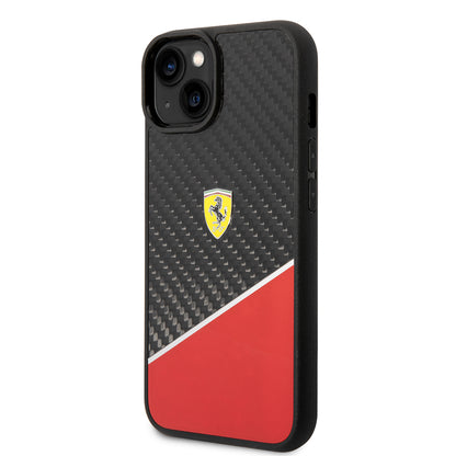 iPhone 14 Plus Kılıf Ferrari Orjinal Lisanlı Klasik Metal Logolu Karbon Şerit Desenli Kılıf