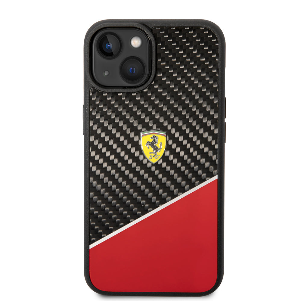 iPhone 14 Plus Kılıf Ferrari Orjinal Lisanlı Klasik Metal Logolu Karbon Şerit Desenli Kılıf
