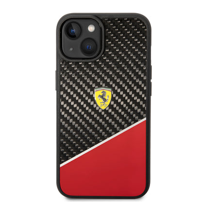 iPhone 14 Plus Kılıf Ferrari Orjinal Lisanlı Klasik Metal Logolu Karbon Şerit Desenli Kılıf