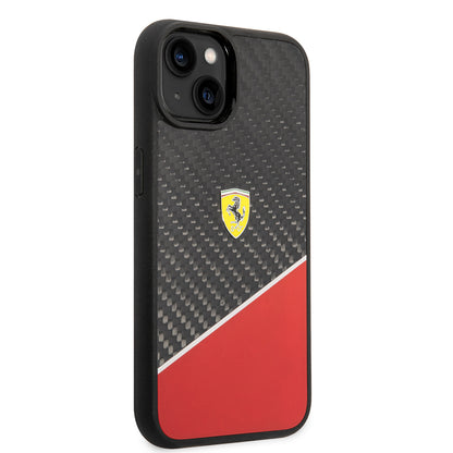 iPhone 14 Plus Kılıf Ferrari Orjinal Lisanlı Klasik Metal Logolu Karbon Şerit Desenli Kılıf