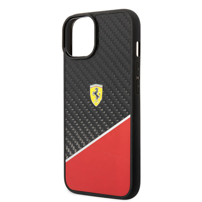 iPhone 14 Plus Kılıf Ferrari Orjinal Lisanlı Klasik Metal Logolu Karbon Şerit Desenli Kılıf