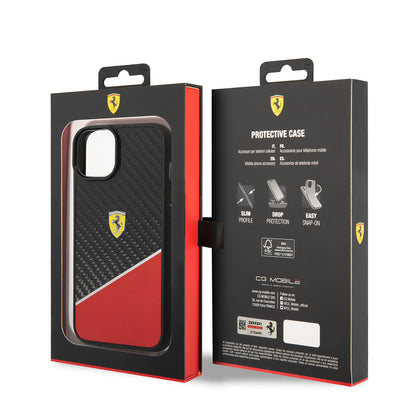 iPhone 14 Plus Kılıf Ferrari Orjinal Lisanlı Klasik Metal Logolu Karbon Şerit Desenli Kılıf