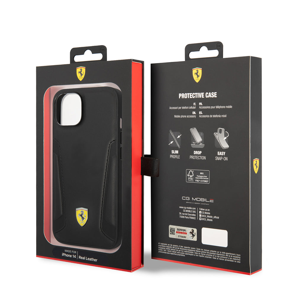 iPhone 14 Plus Kılıf Ferrari Orjinal Lisanslı M-safe Şarj Özellikli Deri Kenarları Damgalı Dizayn Kılıf