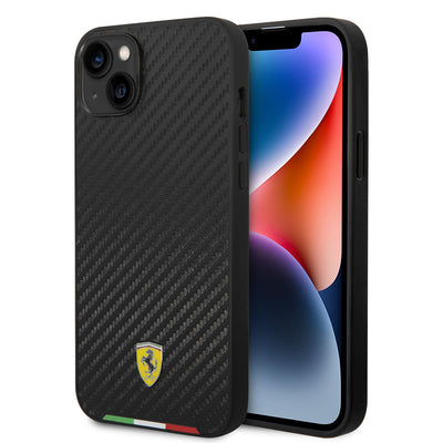 Apple iPhone 14 Plus Kılıf Ferrari Orjinal Lisanslı Magsafe Şarj Özellikli Karbon İtalyan Bayrak Dizayn Kapak Siyah