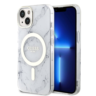 Apple iPhone 14 Plus Kılıf GUESS Magsafe Şarj Özellikli Mermer Desenli Kapak Beyaz