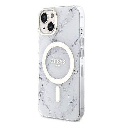 Apple iPhone 14 Plus Kılıf GUESS Magsafe Şarj Özellikli Mermer Desenli Kapak Beyaz