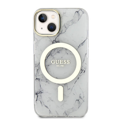 Apple iPhone 14 Plus Kılıf GUESS Magsafe Şarj Özellikli Mermer Desenli Kapak Beyaz