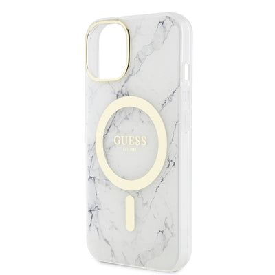 Apple iPhone 14 Plus Kılıf GUESS Magsafe Şarj Özellikli Mermer Desenli Kapak Beyaz