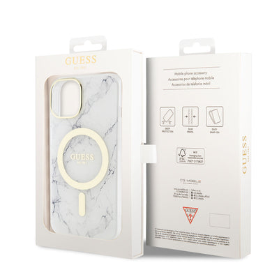 Apple iPhone 14 Plus Kılıf GUESS Magsafe Şarj Özellikli Mermer Desenli Kapak Beyaz