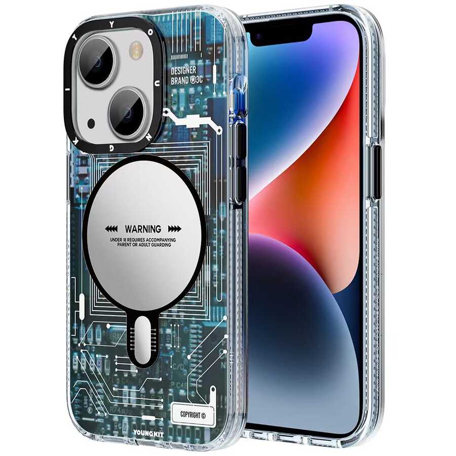 Apple iPhone 14 Plus Kılıf Magsafe Şarj Özellikli YoungKit Technology Serisi Kapak Mavi