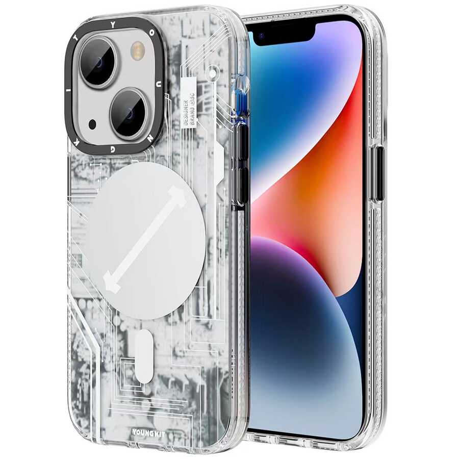 Apple iPhone 14 Plus Kılıf Magsafe Şarj Özellikli YoungKit Technology Serisi Kapak Beyaz
