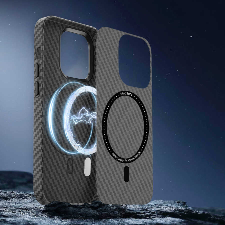 iPhone 14 Plus Kılıf Wiwu Karbon Fiber Görünümlü M-safe Wireless Şarj Özellikli Kabon Kılıf