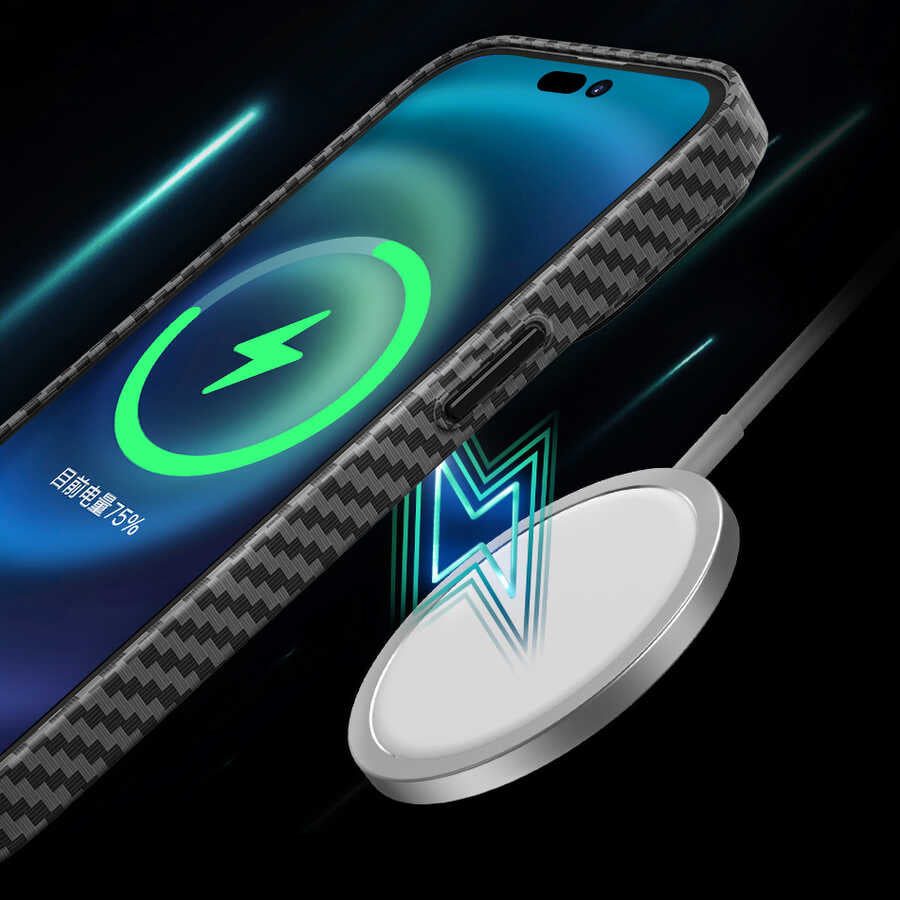 Apple iPhone 14 Plus Kılıf Wiwu Karbon Fiber Görünümlü Magsafe Wireless Şarj Özellikli Kabon Kapak Mavi