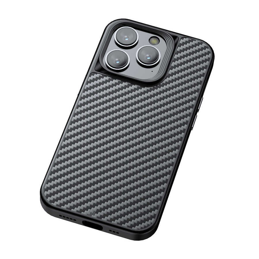 Apple iPhone 14 Pro Kılıf Aramid Karbon Fiber Magsafe Özellikli Wlons Radison Kapak Siyah