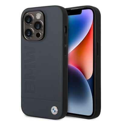 Apple iPhone 14 Pro Kılıf BMW Magsafe Şarj Özellikli Deri Sıcak Mühür Baskılı Logo Dizayn Kapak Petrol Mavi