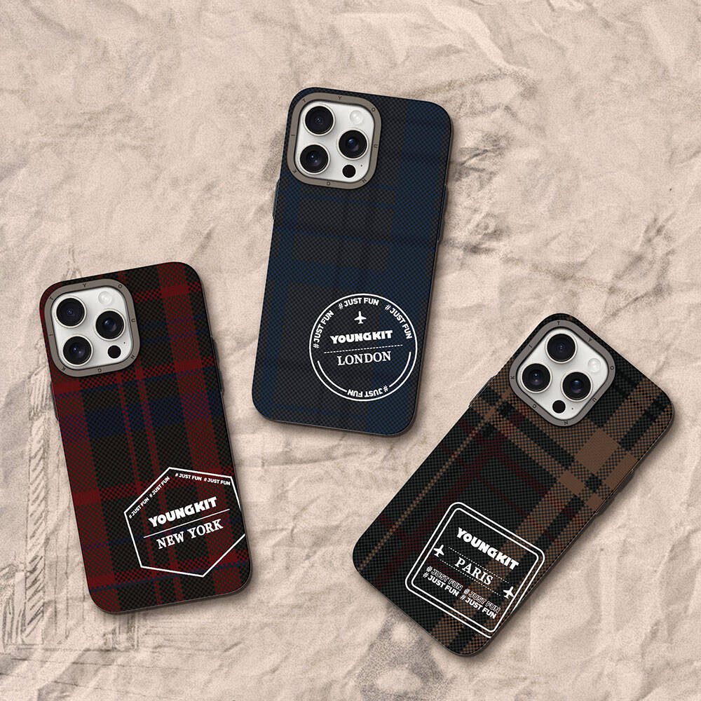 Apple iPhone 14 Pro Kılıf Ekose Desenli Youngkit Gezhi Serisi Kapak Mavi