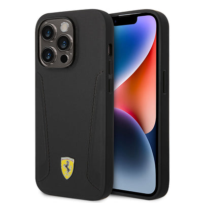 Apple iPhone 14 Pro Kılıf Ferrari Magsafe Şarj Özellikli Deri Kenarları Damgalı Dizayn Kapak Siyah