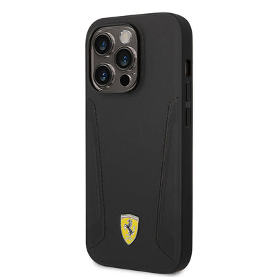 Apple iPhone 14 Pro Kılıf Ferrari Magsafe Şarj Özellikli Deri Kenarları Damgalı Dizayn Kapak Siyah