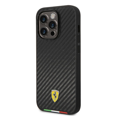 Apple iPhone 14 Pro Kılıf Ferrari Magsafe Şarj Özellikli Karbon İtalyan Bayrak Dizayn Kapak Siyah