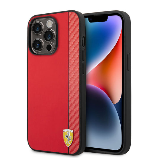 iPhone 14 Pro Kılıf Ferrari M-safe Şarj Özellikli PU Deri Karbon Şeritli Dizayn Kılıf