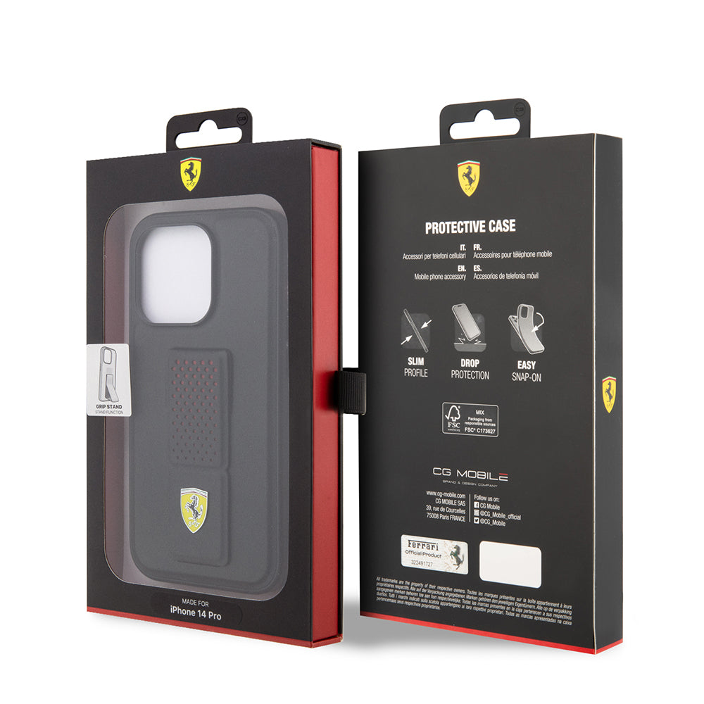 iPhone 14 Pro Kılıf Ferrari Orjinal Lisanlı Klasik Metal Logolu Delikli Standlı Deri Kılıf