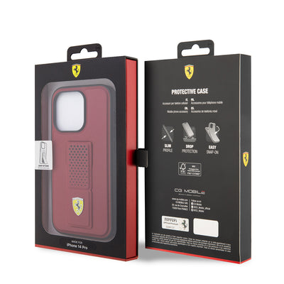 Apple iPhone 14 Pro Kılıf Ferrari Orjinal Lisanlı Klasik Metal Logolu Delikli Standlı Deri Kapak Kırmızı