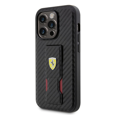 Apple iPhone 14 Pro Kılıf Ferrari Orjinal Lisanlı Klasik Metal Logolu Delikli Standlı Karbon Kapak Siyah
