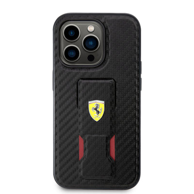 Apple iPhone 14 Pro Kılıf Ferrari Orjinal Lisanlı Klasik Metal Logolu Delikli Standlı Karbon Kapak Siyah
