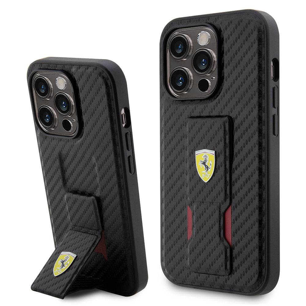 iPhone 14 Pro Kılıf Ferrari Orjinal Lisanlı Klasik Metal Logolu Delikli Standlı Karbon Kılıf