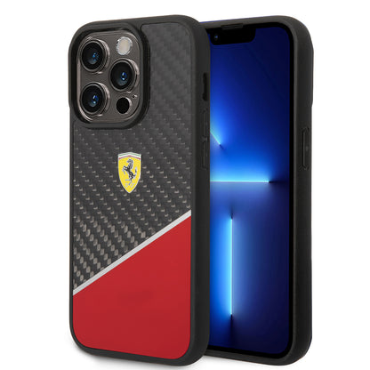 iPhone 14 Pro Kılıf Ferrari Orjinal Lisanlı Klasik Metal Logolu Karbon Şerit Desenli Kılıf