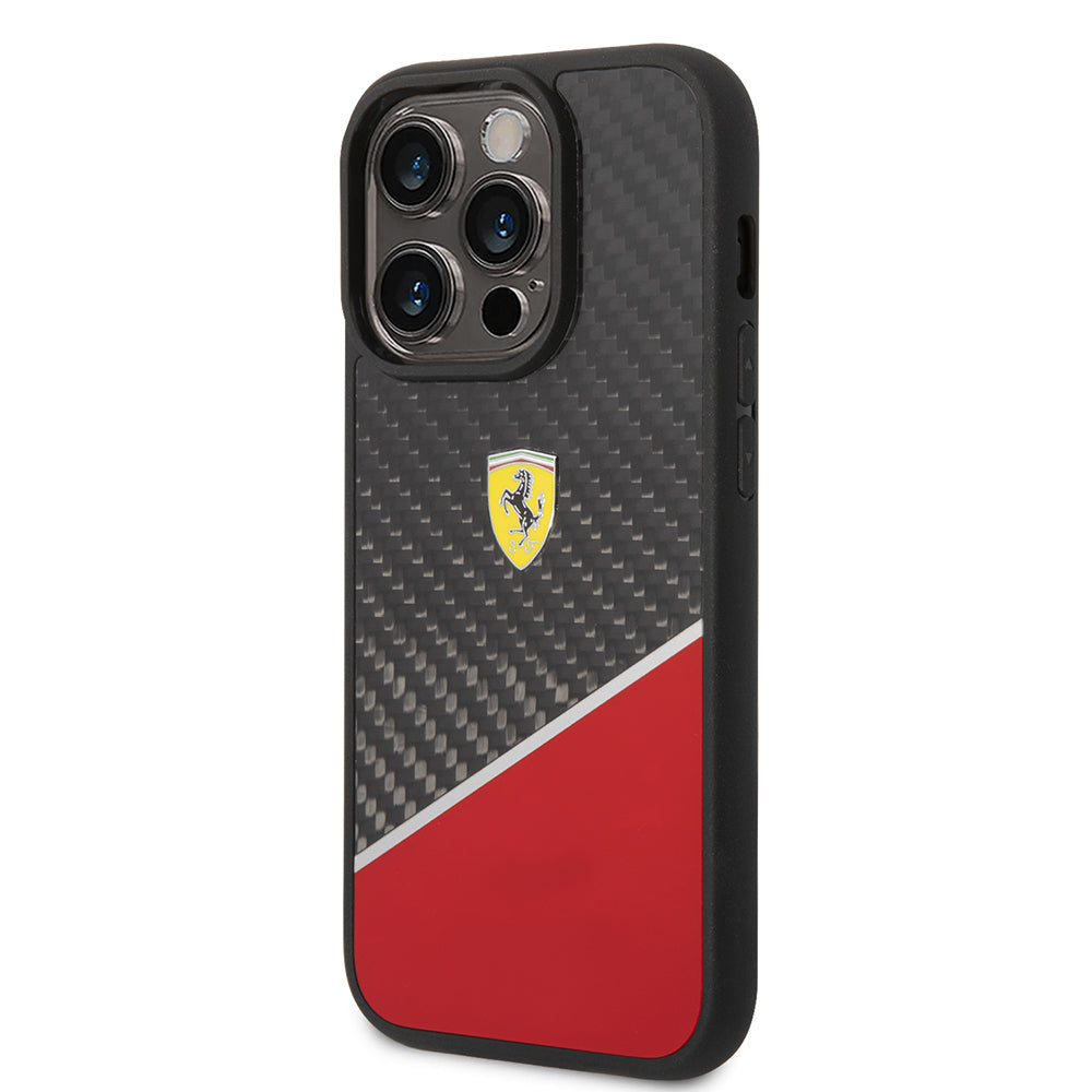 iPhone 14 Pro Kılıf Ferrari Orjinal Lisanlı Klasik Metal Logolu Karbon Şerit Desenli Kılıf