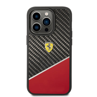 iPhone 14 Pro Kılıf Ferrari Orjinal Lisanlı Klasik Metal Logolu Karbon Şerit Desenli Kılıf