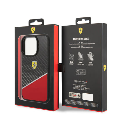 iPhone 14 Pro Kılıf Ferrari Orjinal Lisanlı Klasik Metal Logolu Karbon Şerit Desenli Kılıf