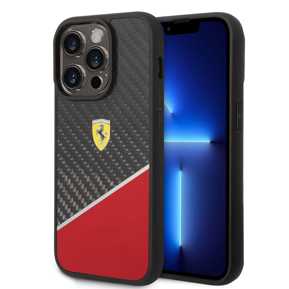 iPhone 14 Pro Kılıf Ferrari Orjinal Lisanlı Klasik Metal Logolu Karbon Şerit Desenli Kılıf