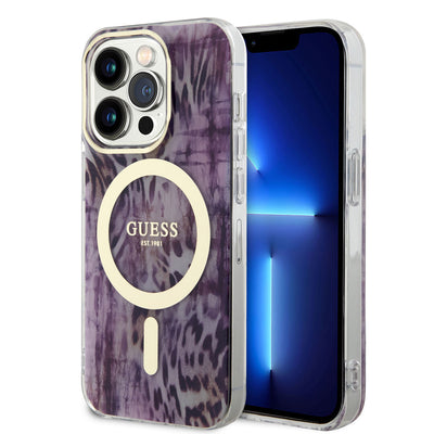 Apple iPhone 14 Pro Kılıf GUESS Magsafe Şarj Özellikli Leopar Desenli Kapak Kahverengi