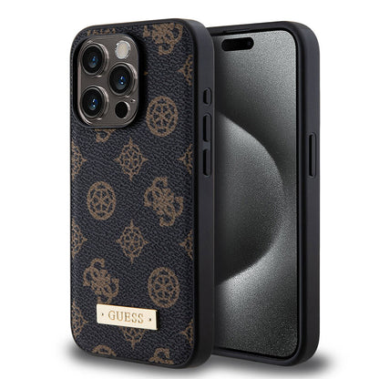 iPhone 14 Pro Kılıf Guess M-safe Şarj Özellikli PU Deri Desenli Metal Plaka Logolu Kılıf