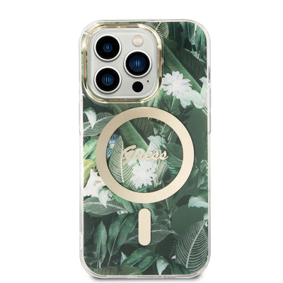 Apple iPhone 14 Pro Kılıf GUESS Magsafe Şarj Özellikli Yaprak Desenli Magsafe Şarj Kablolu Kapak Yeşil