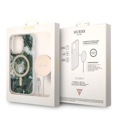 Apple iPhone 14 Pro Kılıf GUESS Magsafe Şarj Özellikli Yaprak Desenli Magsafe Şarj Kablolu Kapak Yeşil