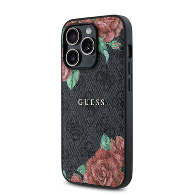 Apple iPhone 14 Pro Kılıf Guess Orjinal Lisanslı Magsafe Şarj Özellikli Gül Baskılı 4G Desenli Yazı Logolu Kapak Siyah