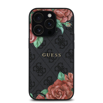 Apple iPhone 14 Pro Kılıf Guess Orjinal Lisanslı Magsafe Şarj Özellikli Gül Baskılı 4G Desenli Yazı Logolu Kapak Siyah