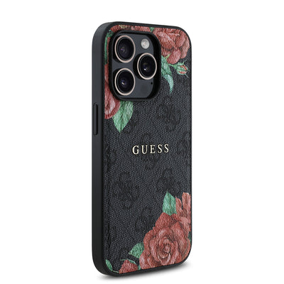 Apple iPhone 14 Pro Kılıf Guess Orjinal Lisanslı Magsafe Şarj Özellikli Gül Baskılı 4G Desenli Yazı Logolu Kapak Siyah