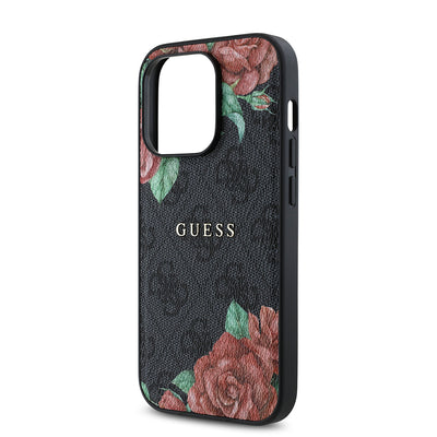 Apple iPhone 14 Pro Kılıf Guess Orjinal Lisanslı Magsafe Şarj Özellikli Gül Baskılı 4G Desenli Yazı Logolu Kapak Kahverengi